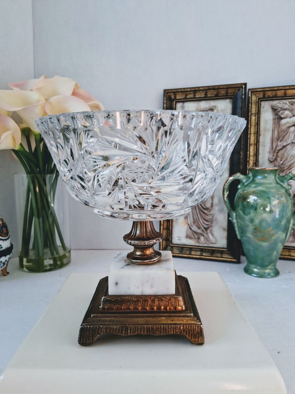 VTG MCM Hollywood Regency 24% Cut Crystal Bowl w/ Marble Base & Brass Stand